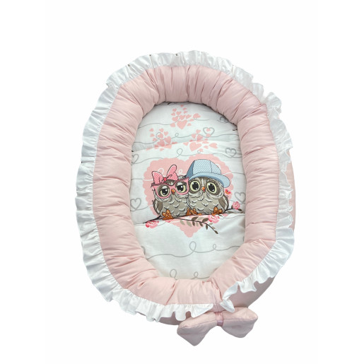 Cuib baby nest bebelusi cu volanase si perna pt formarea capului Roz pudra - Familia de bufnite roz LUX by Deseda