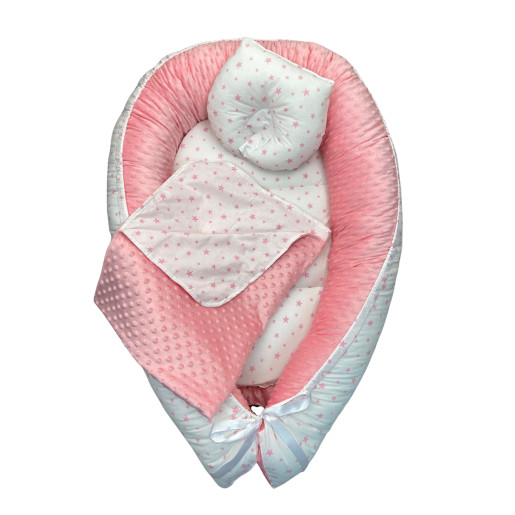Set 4 în 1 Personalizat cuib baby nest bebelusi cu desfacere, salteluta detașabilă, perna formare cap și păturică dubla Minky roz - Steluțe roz pe alb