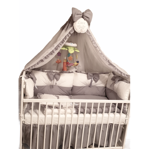 Lenjeria de pat bebeluși cu 4 apărători Super groase în 2 culori și baldachin cu Volanase și suport Deseda Gri - alb